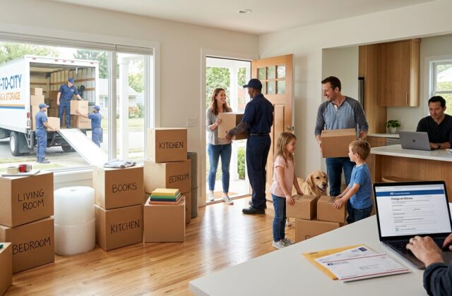 Family on moving day organizing boxes and updating mail forwarding details