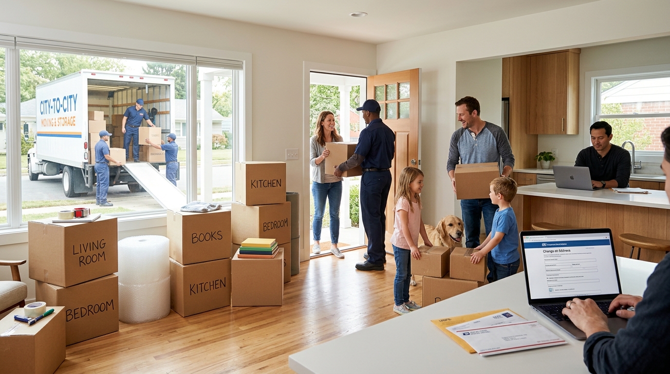 Family on moving day organizing boxes and updating mail forwarding details