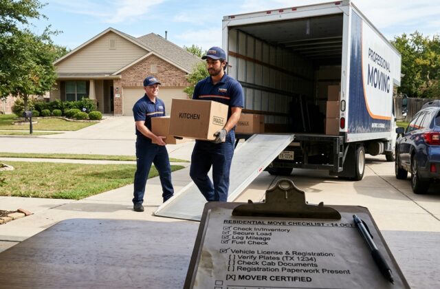 Family updating license and car registration after a move with moving boxes nearby