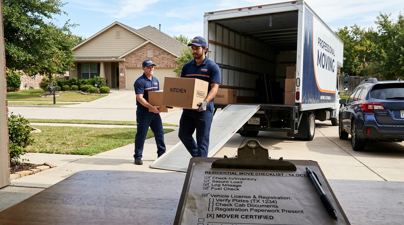 Family updating license and car registration after a move with moving boxes nearby