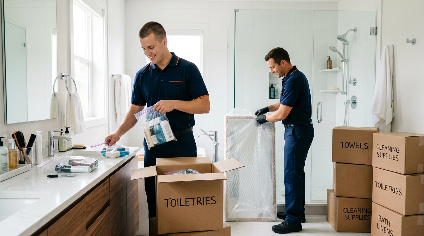 Professional movers packing a modern bathroom with boxes and toiletries