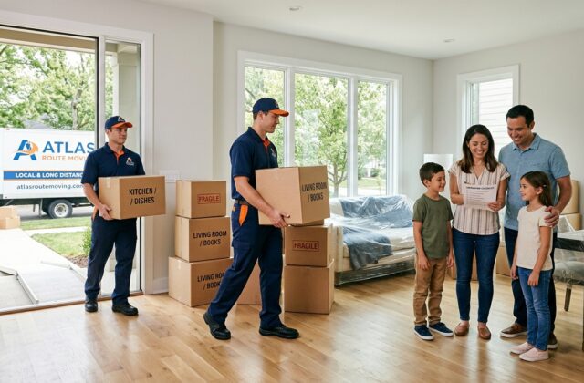 Professional movers unloading labeled boxes into a new home living room with an unpacking checklist nearby