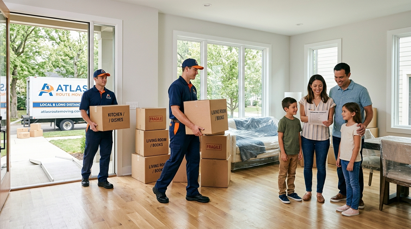 Professional movers unloading labeled boxes into a new home living room with an unpacking checklist nearby