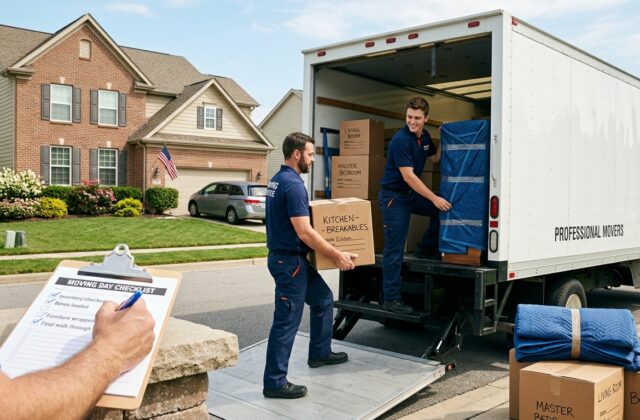 Professional movers loading boxes next to a printed moving checklist in front of a U.S. home