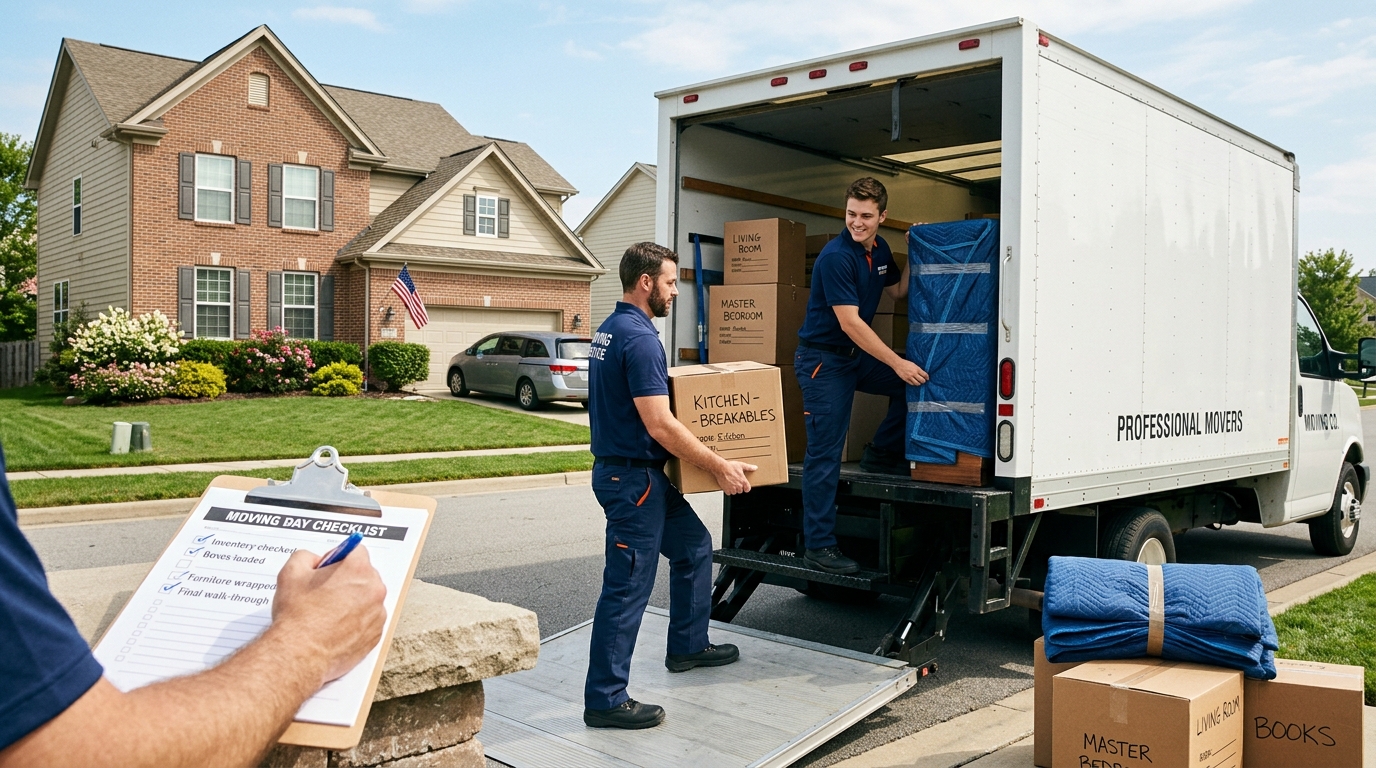 Professional movers loading boxes next to a printed moving checklist in front of a U.S. home