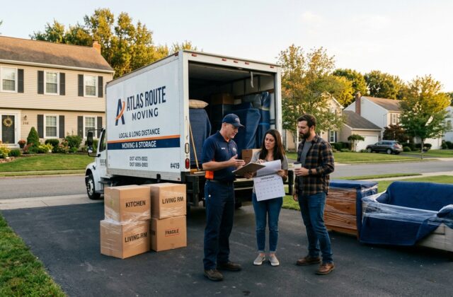 Professional movers discussing a delayed move timeline with customers beside a moving truck and packed boxes