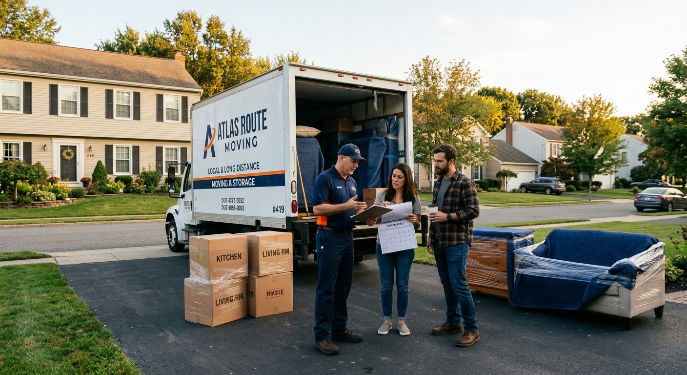 Professional movers discussing a delayed move timeline with customers beside a moving truck and packed boxes