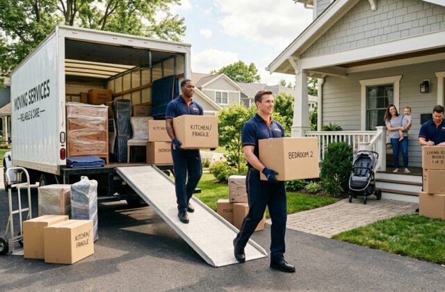Parents holding a baby on moving day while professional movers load boxes into a truck