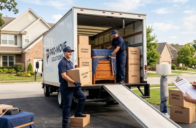 Professional movers loading labeled boxes and protected furniture into a truck on moving day