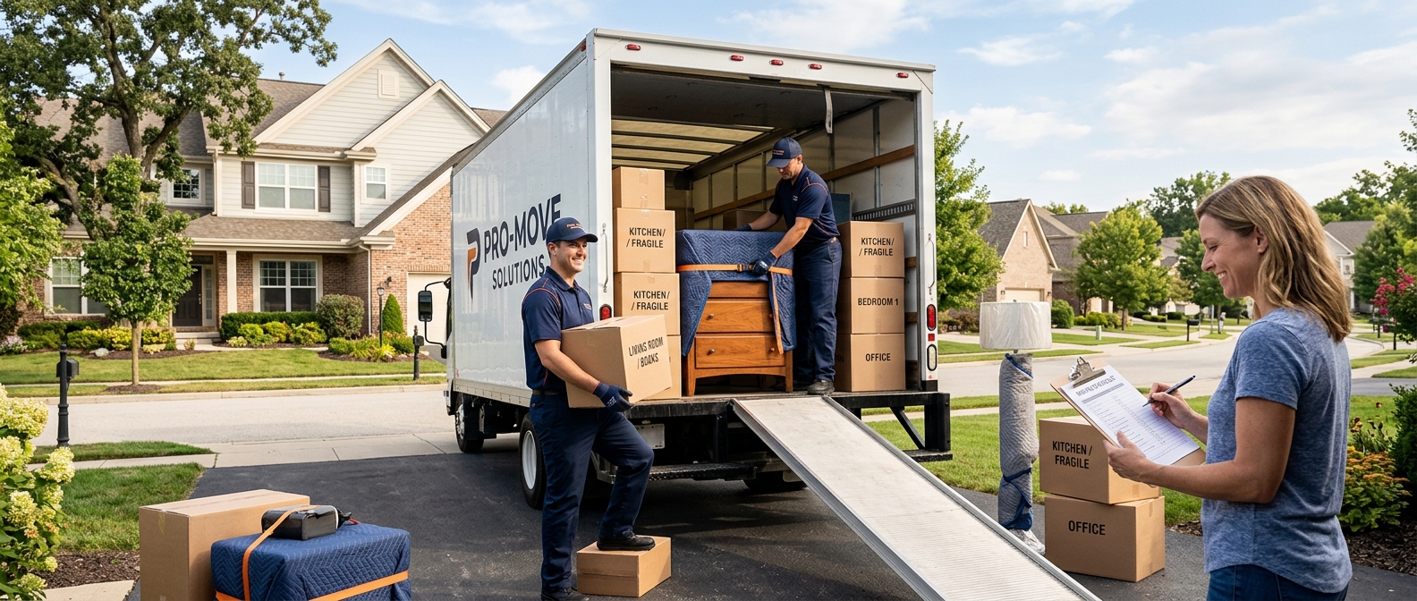Professional movers loading labeled boxes and protected furniture into a truck on moving day