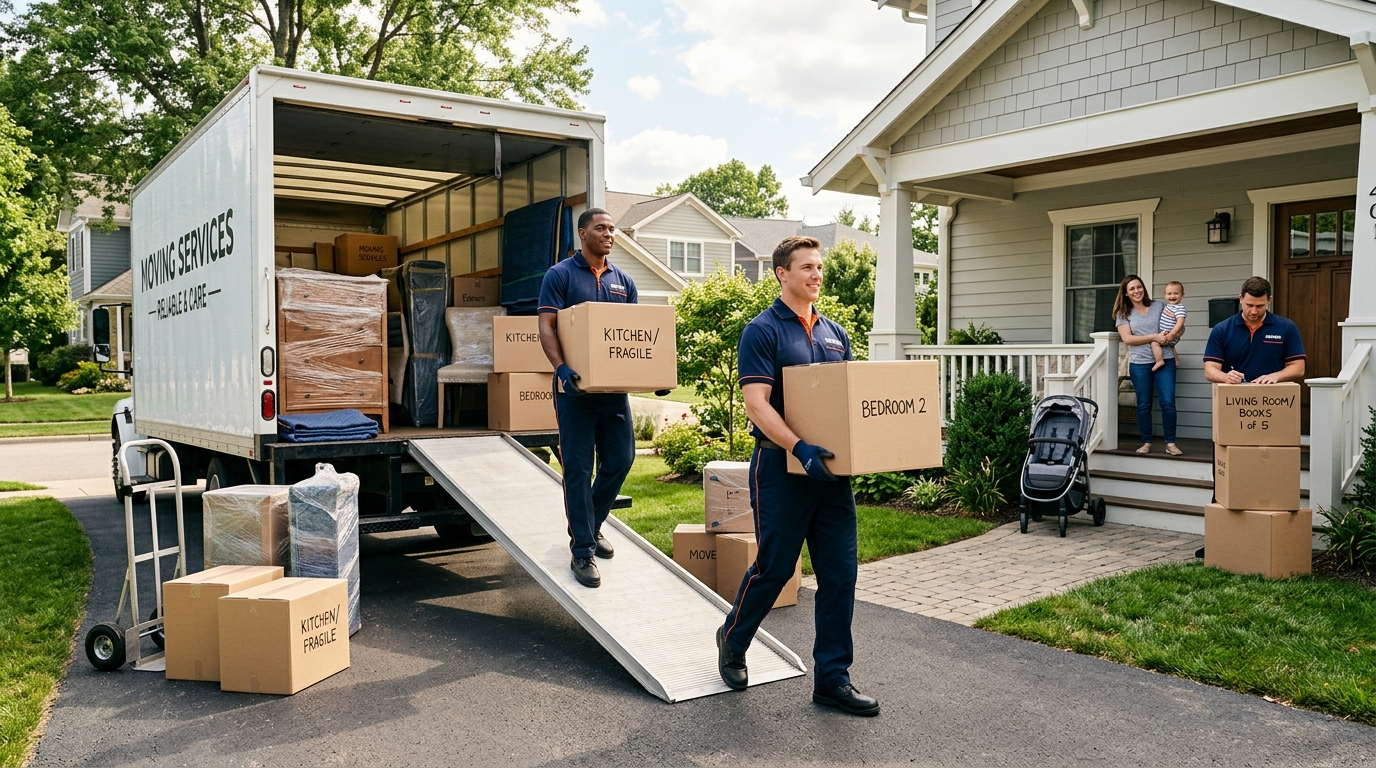 Parents holding a baby on moving day while professional movers load boxes into a truck